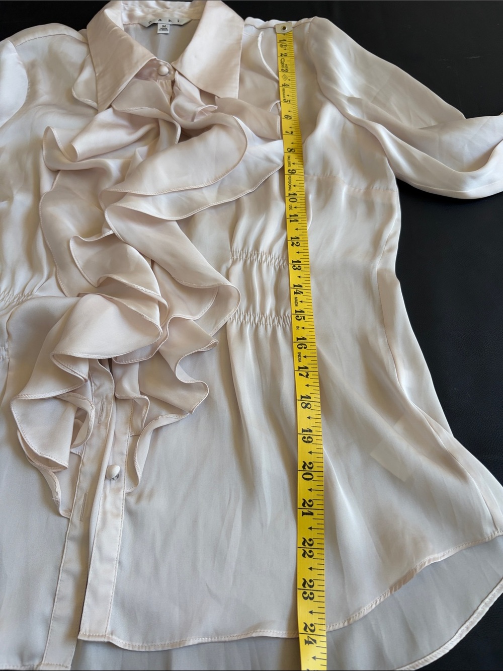 CAbi Ivory Satin Ruffle Blouse Size M Romantic Career Cottagecore Top - Picture 10 of 10